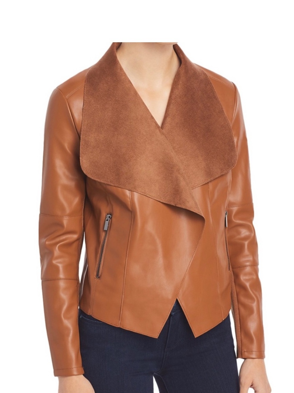 bagatelle Brown Caramel Faux Leather Jacket with Suede Draped Collar